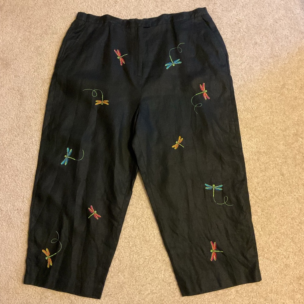 Vintage Black 100% Linen w/ Whimsical Embroidered Dragonflies Cropped Pants 22W
